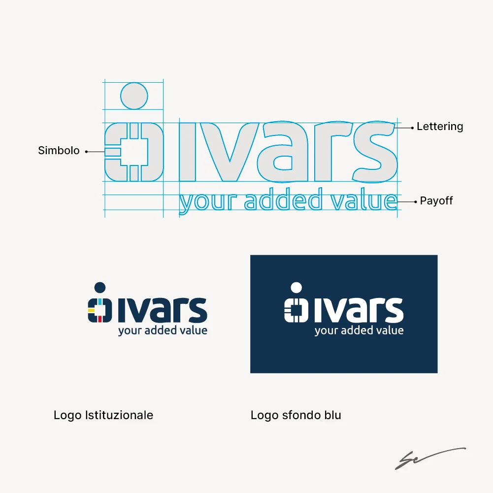 Rebranding logo con costruzione tecnica e versioni positiva/negativa